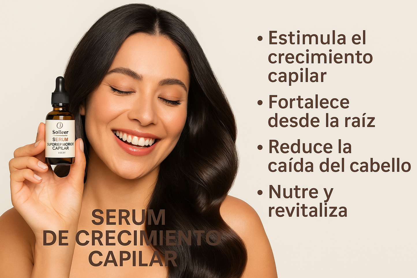 Dame una imagen con una mujer feliz con el producto feliz y que el producto tenga el logo de la marca sodoer serum de crecimiento capilar y que en la misma imagen tenga una descripcion de sus beneficios solo menciona 4