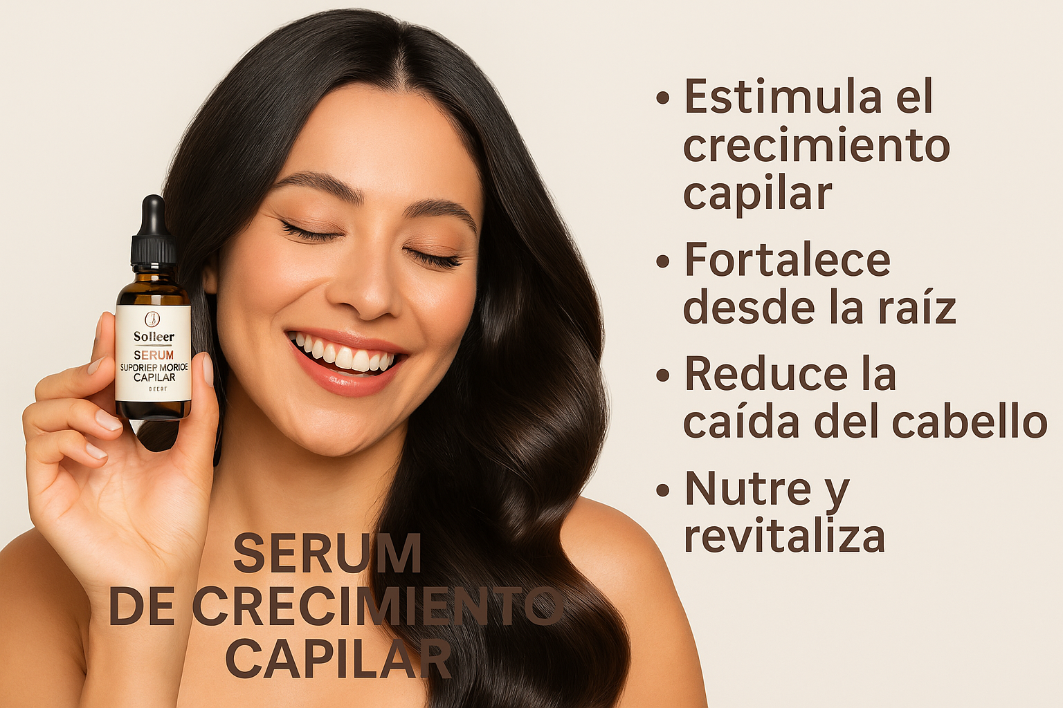 Dame una imagen con una mujer feliz con el producto feliz y que el producto tenga el logo de la marca sodoer serum de crecimiento capilar y que en la misma imagen tenga una descripcion de sus beneficios solo menciona 4