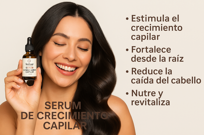 Dame una imagen con una mujer feliz con el producto feliz y que el producto tenga el logo de la marca sodoer serum de crecimiento capilar y que en la misma imagen tenga una descripcion de sus beneficios solo menciona 4