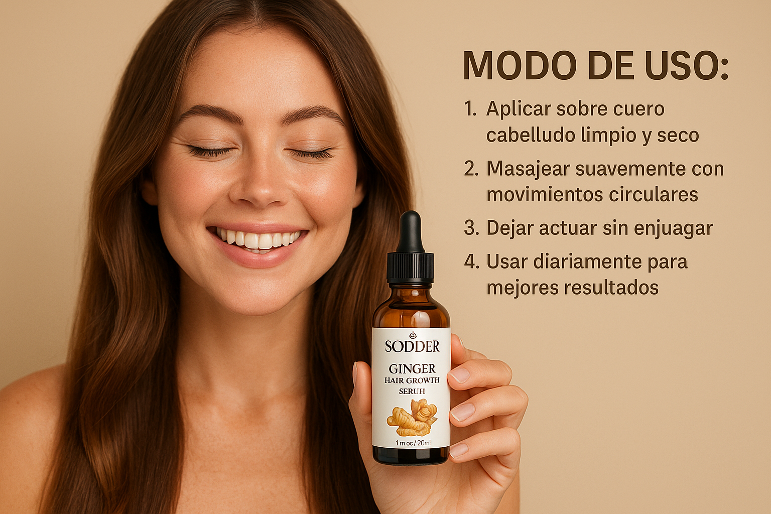 Dame una imagen con una mujer feliz con el producto feliz y que el producto tenga el logo de la marca sodoer serum de gengibre de crecimiento capilar y que en la misma imagen tenga una descripcion de como usar