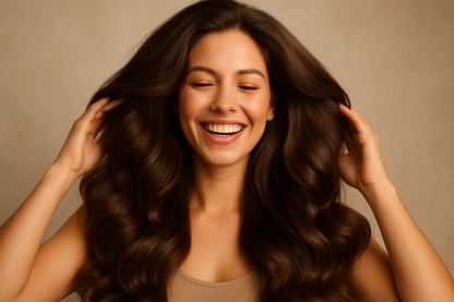 mujer feliz con su crecimiento de cabello debido a usar el producto 
